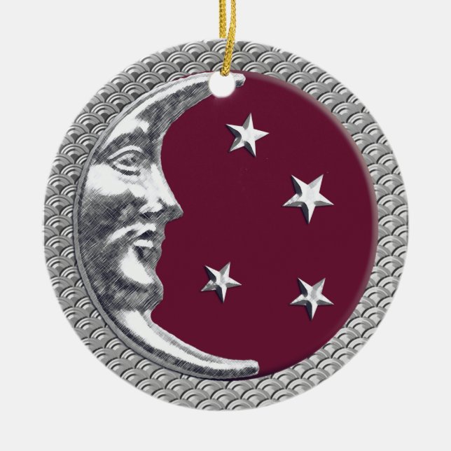 Ornamento De Cerâmica Arte Deco Lua e Estrelas no Vinho Vermelho e Prata (Frente)