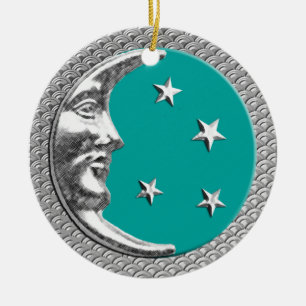Ornamento De Cerâmica Arte Deco Moon e Estrelas em Turquesa e Prata