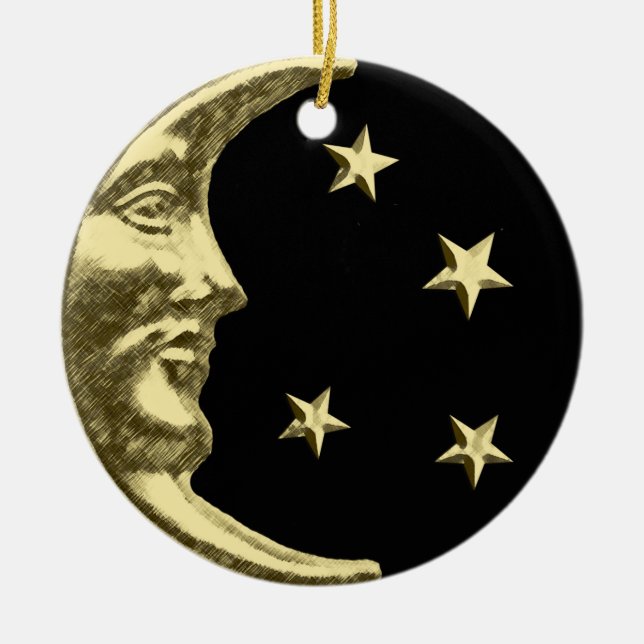Ornamento De Cerâmica Arte Deco Moon e Estrelas - Preto e Dourado (Frente)