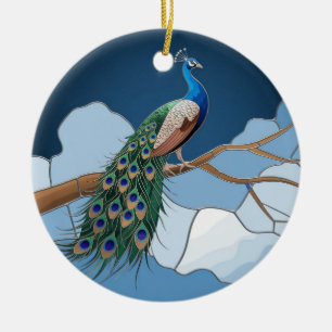 Ornamento De Cerâmica Arte em Vidro Pintado, Pavão em Vidro Pintado