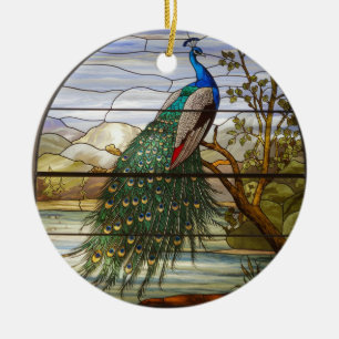 Ornamento De Cerâmica Arte em Vidro Pintado, Pavão em Vidro Pintado