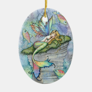 Ornamento De Cerâmica Arte Fantasia de Sereia Colorida e Peixe Carpa