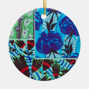 Ornamento De Cerâmica Arte Floral Azul e Verde Maximalista Vibrante