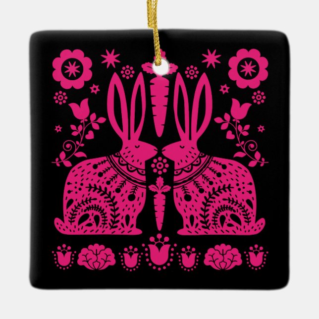 Ornamento De Cerâmica Arte Foliar Nórdica Escandinava do Coelho (Frente)