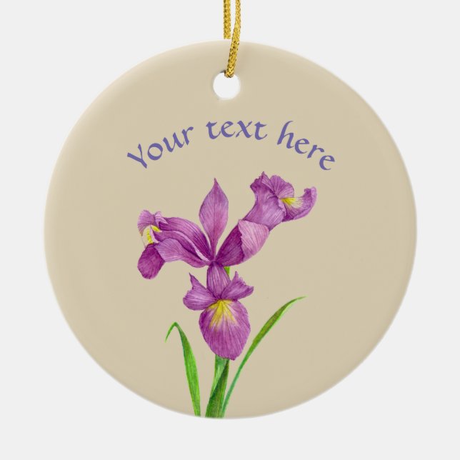 Ornamento De Cerâmica Arte Foral Botânica Iris Púrpura Personalizada (Frente)