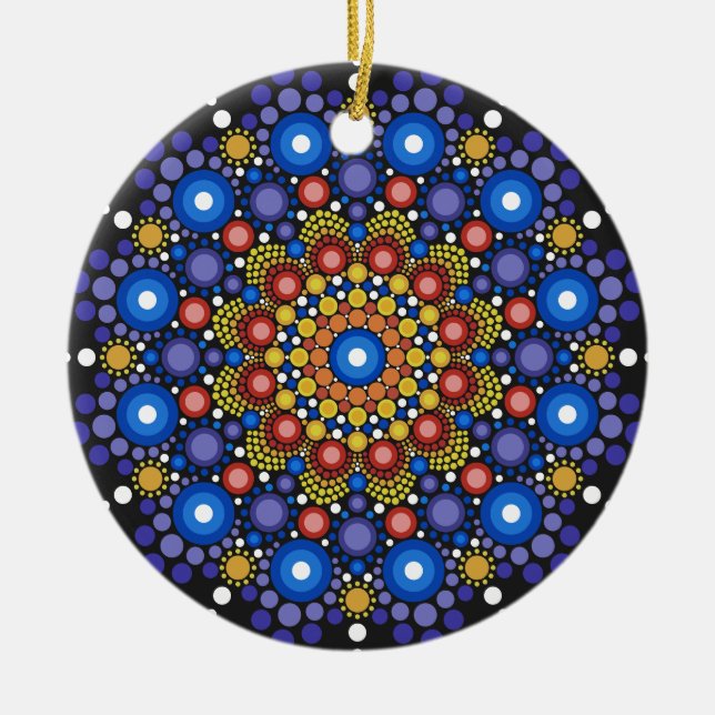 Ornamento De Cerâmica Arte Fractal Floral Dotada Retro Mandala (Frente)