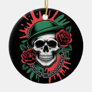 Ornamento De Cerâmica Arte Gráfico Ousado: Crânio com Chapéu-Coco e Rosa
