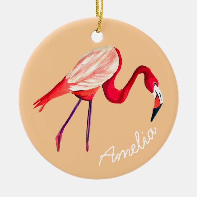 Ornamento De Cerâmica Arte laranja flamingo aquarela (Frente)