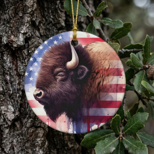 Ornamento De Cerâmica Arte Magnífica de Bisonte Americano e Bandeira Pat