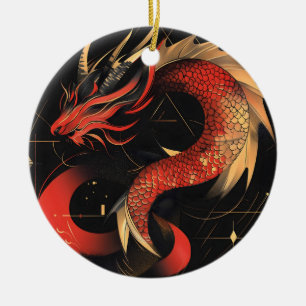 Ornamento De Cerâmica Arte Majestoso Dragão Chinês Vermelho e Dourado