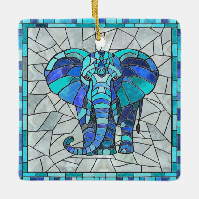 Ornamento De Cerâmica Arte mosaica de Elefante Azul (Frente)