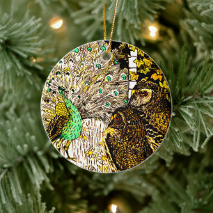 Ornamento De Cerâmica Arte Neerlandesa Nouveau Peacock e Corujas