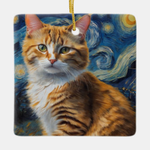 Ornamento De Cerâmica Arte noturna estrelada com um gato