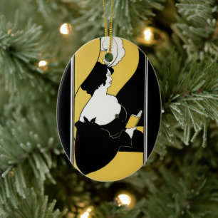 Ornamento De Cerâmica Arte Nova Antiga, Mulher Lendo um Livro Amarelo