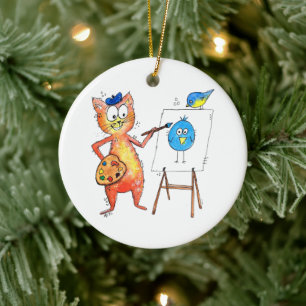 Ornamento De Cerâmica Artista Whimsic Cat pintando um pássaro