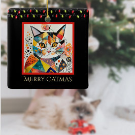 Ornamento De Cerâmica Artsy Cat com Luzes de Natal Feliz Catmas Preto
