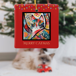 Ornamento De Cerâmica Artsy Cat com Luzes de Natal Feliz Vermelho de Cat