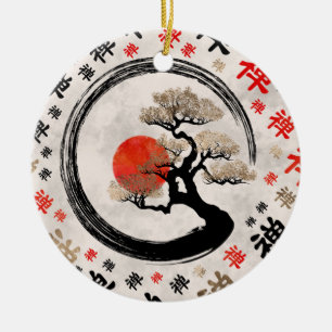 Ornamento De Cerâmica Árvore Bonsai em Círculo Enso - padrão de símb