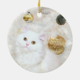 Ornamento De Cerâmica Árvore branca do gato e do White Christmas
