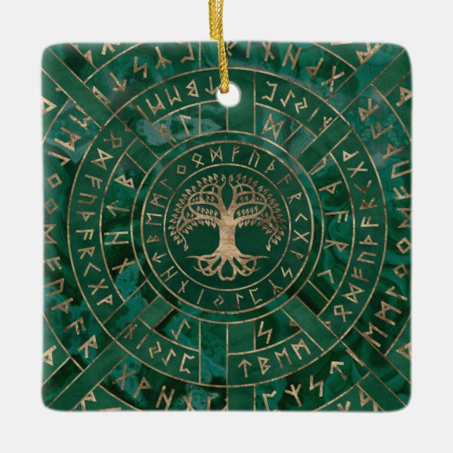 Ornamento De Cerâmica Árvore da vida - Yggdrasil e Futhark - Malachite (Frente)