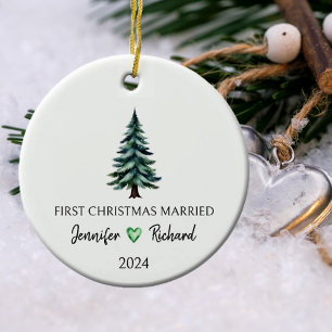 Ornamento De Cerâmica Árvore de Aquarela Primeiro Natal Casado