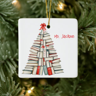 Ornamento De Cerâmica Árvore de Livro de Natal Personalizada-Professor/B