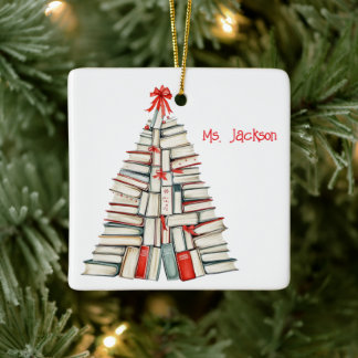 Ornamento De Cerâmica Árvore de Livro de Natal Personalizada-Professor/B