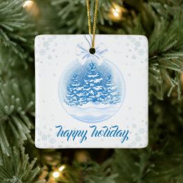 Ornamento De Cerâmica Árvore de Natal Azul e Branca em Globo de Neve