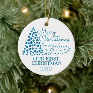 Ornamento De Cerâmica Árvore de Natal Azul, Nosso Primeiro Natal