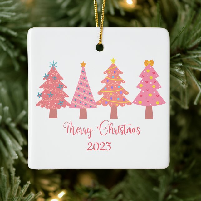 Ornamento De Cerâmica Árvore de Natal Bonita, Rosa, Feliz (Criador carregado)
