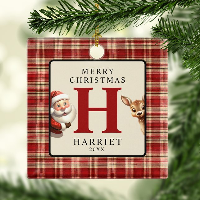 Ornamento De Cerâmica Árvore de Natal com Foto do Papai Noel Monograma (Criador carregado)