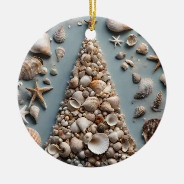 Ornamento De Cerâmica Árvore de Natal Costeira de Seashell (Frente)