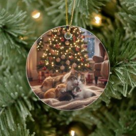 Ornamento De Cerâmica Árvore de Natal da Família do Gato Aconchegante -