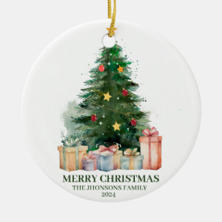Ornamento De Cerâmica Árvore de Natal de Aquarela com presentes