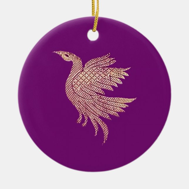 Ornamento De Cerâmica Árvore de natal de aves Dourada e roxa (Frente)