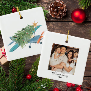 Ornamento De Cerâmica Árvore de Natal de Avião e Foto Simples Aviação