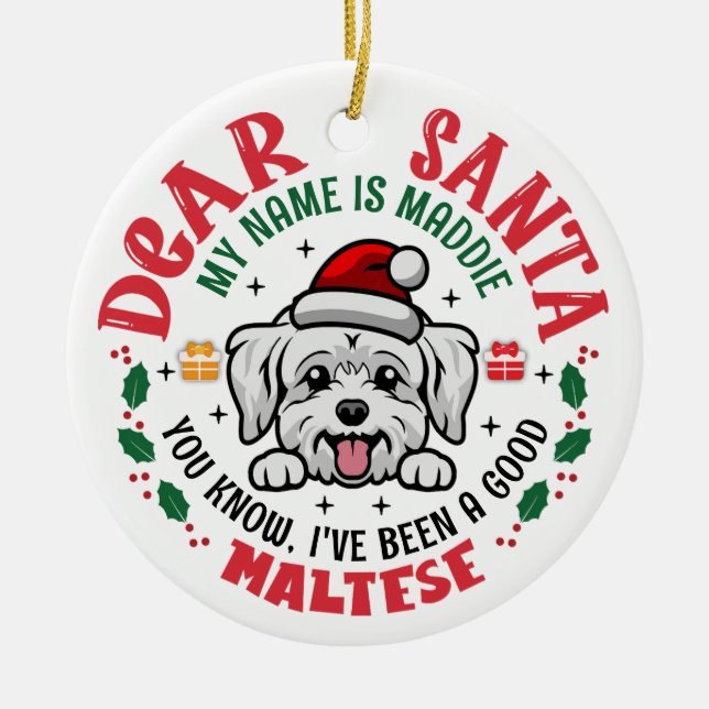 Ornamento De Cerâmica Árvore de Natal de Cão Maltês Personalizada (Frente)