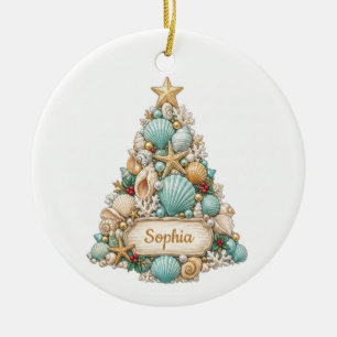 Ornamento De Cerâmica Árvore de Natal de Conchas Personalizada com Nome