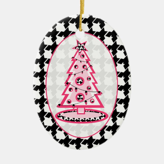 Ornamento De Cerâmica Árvore de Natal de Houndstooth e Rosa (Frente)