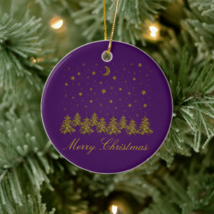 Ornamento De Cerâmica Árvore de Natal de ouro faísca, lua, estrelas em r