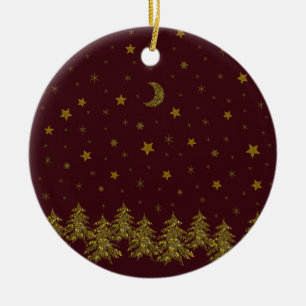Ornamento De Cerâmica Árvore de Natal de ouro faísca, lua, estrelas em v