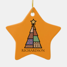 Ornamento De Cerâmica Árvore de Natal de Patchwork com Monograma
