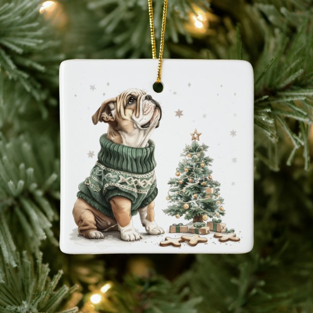 Ornamento De Cerâmica Árvore de Natal do Buldogue em Inglês (Árvore)