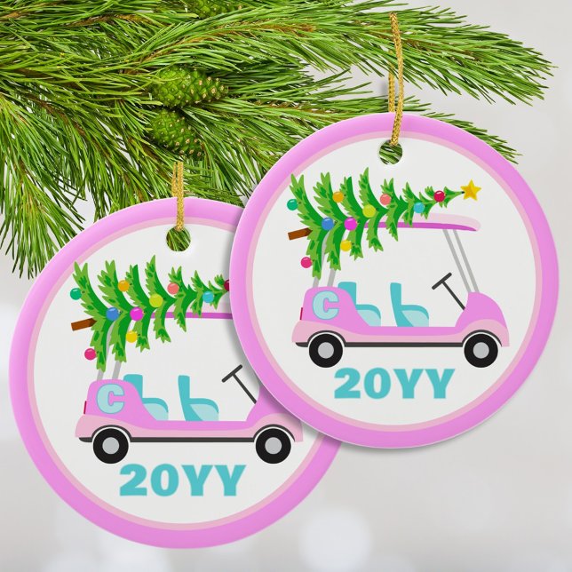 Ornamento De Cerâmica Árvore de Natal do Carrinho de Golfe Rosa Personal (A bright Christmas tree atop a fun pink golf cart. This unique monogram ornament makes a great gift.)
