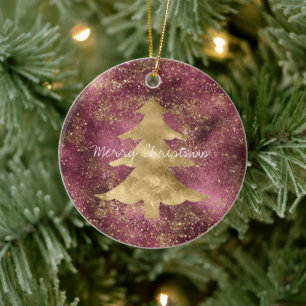 Ornamento De Cerâmica Árvore de Natal Dourada de Cherry Burgundy