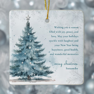 Ornamento De Cerâmica Árvore de Natal Elegante Azul Branco Aquarela