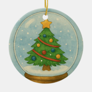 Ornamento De Cerâmica Árvore de Natal em Globo de Neve em Aquarela de In