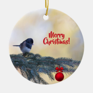 Ornamento De Cerâmica Árvore de Natal feliz com um sabiá em uma