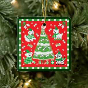 Ornamento De Cerâmica Árvore de Natal Fofa e Cachorrinhos com Ossos