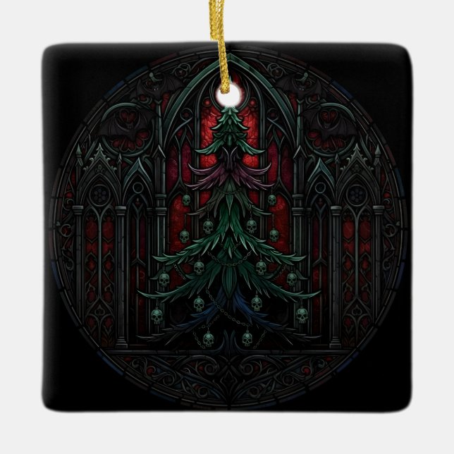 Ornamento De Cerâmica Árvore de Natal Gótica com Caveiras  (Frente)